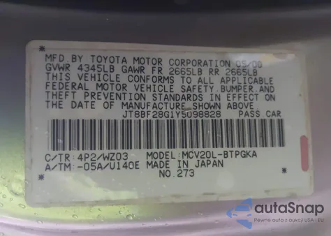 2000 Lexus Es 300 z USA, uszkodzony, nr VIN JT8BF28G1Y5098828